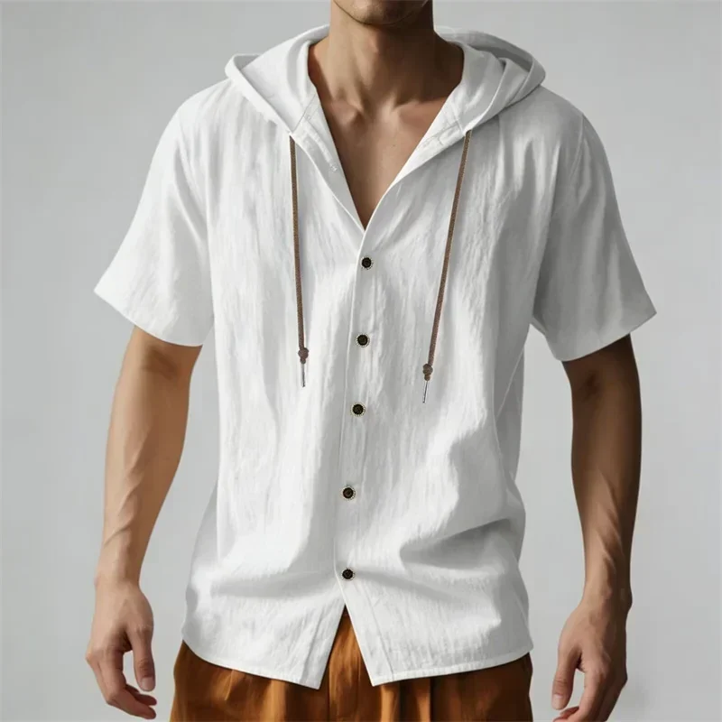Men Summer Hooded Short Sleeve Shirt, Lightweight Breathable Loose Drawstring Button‑Down Beach Casual Tops