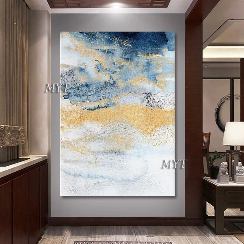 

New Arrival Quality Oil Paintings Abstract Art Canvas Wall Decoration Gold Foil Picture Unframed Blue White Acrylic Design