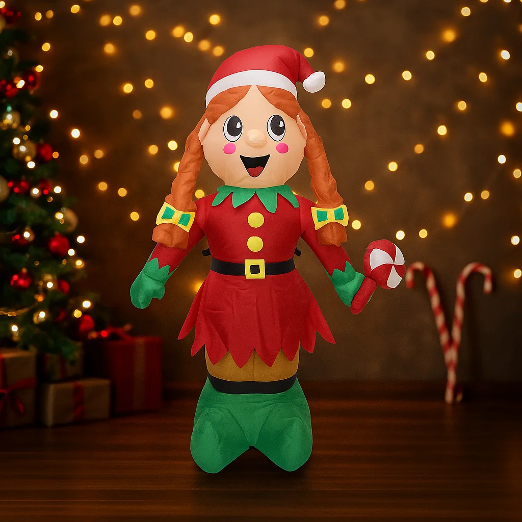 Decoraciones de patio inflables de Navidad de 5,9 pies, linda chica elfo con piruleta, adorno LED iluminado de Navidad, regalo festivo para el hogar, suministros de vacaciones