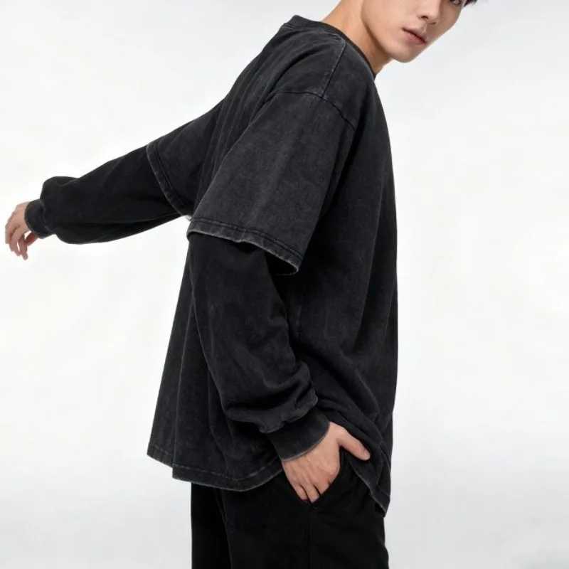 Dark Washed Vintage Long Sleeved T-shirt Personalized Sense for Both Men and Women Fake Two-piece