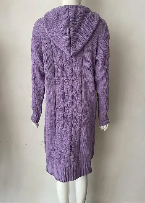 

Women's Fashion New Hooded Pocket Knit Cardigan Autumn & Winter Fried Dough Twists Sweater Solid Color Casual Long Knitted Coat