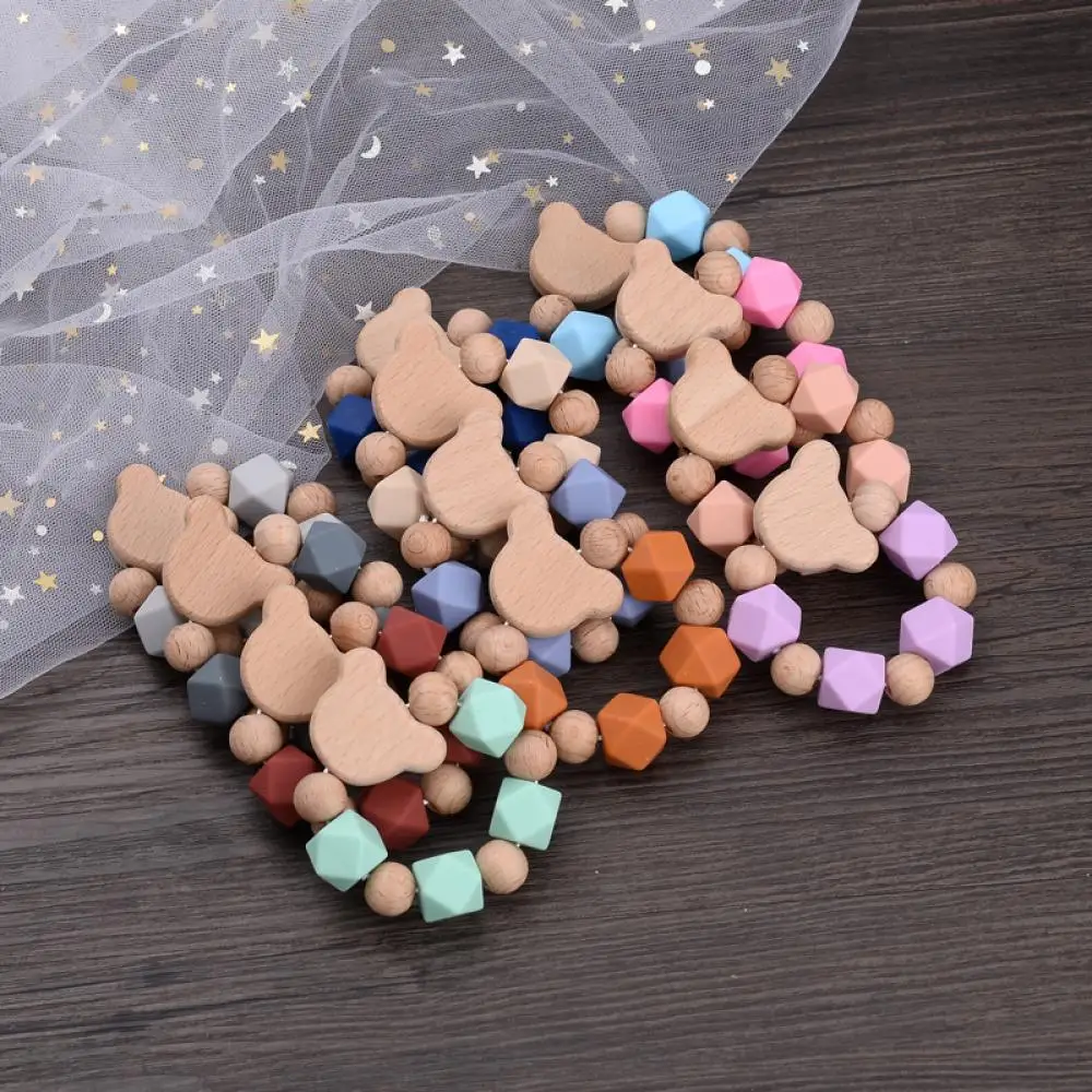 Customized Name Baby Teething Bracelet Beech Cartoon Animal Chew Toy For Nipple Anti-dorp Chain Teething Bracelet Set Accessory