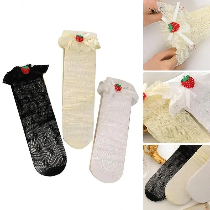 195E calcetines hasta rodilla encaje Floral verano para niñas, con lazo fresa bonitas con adornos volantes