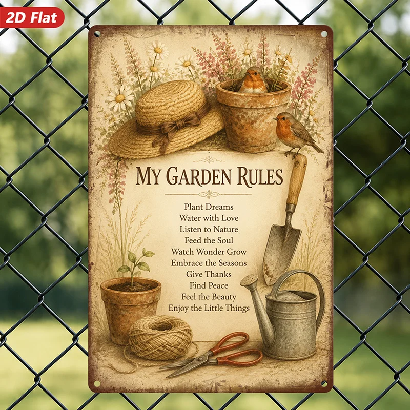 2D Flat, 1pc Garden Rules Metal Sign Wall Art, Straw Hat And Flower Pot, Robin Birds And Trowel, Watering Can And Seedling,