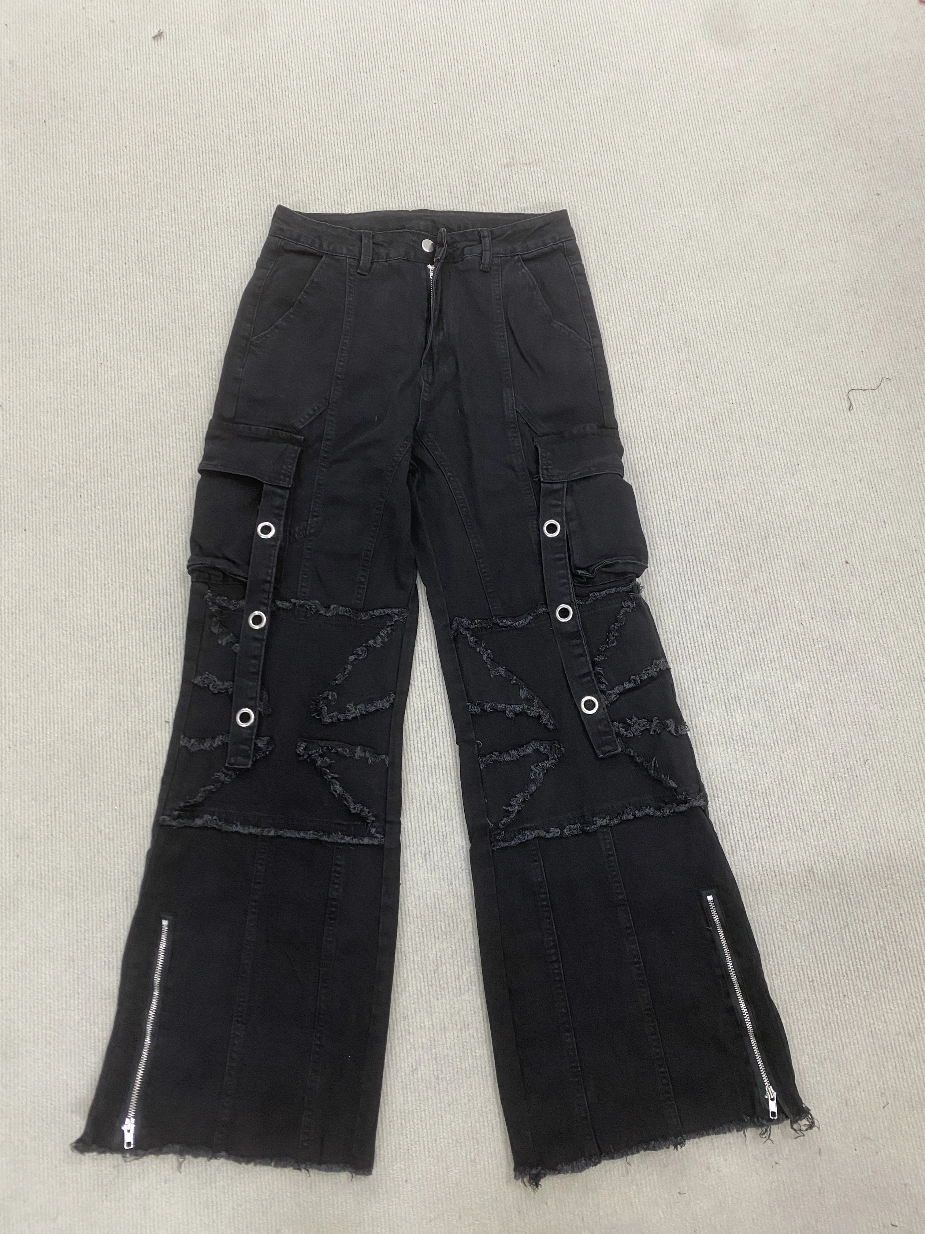 

Iron ring decoration, multi pocket work pants, women's washed and worn black pants, autumn commuting clothing