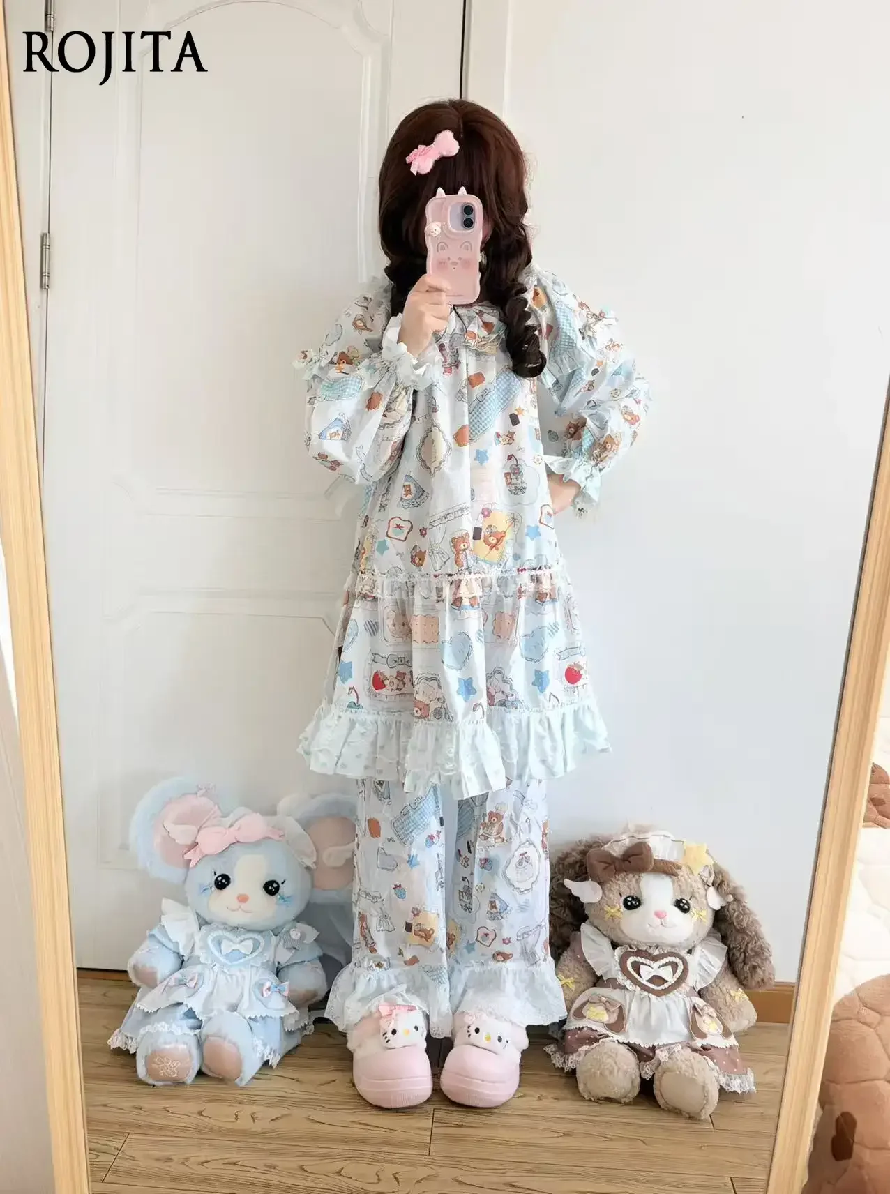 Sweet Girl Nightdress Cute Cartoon Print Ruffle Pajama Set Long Sleeve Loose Lolita Dress and Lace Pants Loungewear