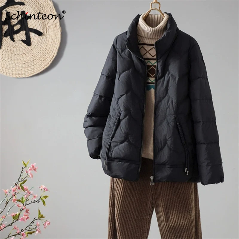 

Schinteon Women Light White Duck Down Jacket Stand Collar Vintage Autumn Winter Outwear Casual Warm Solid Color 2025 New Coat