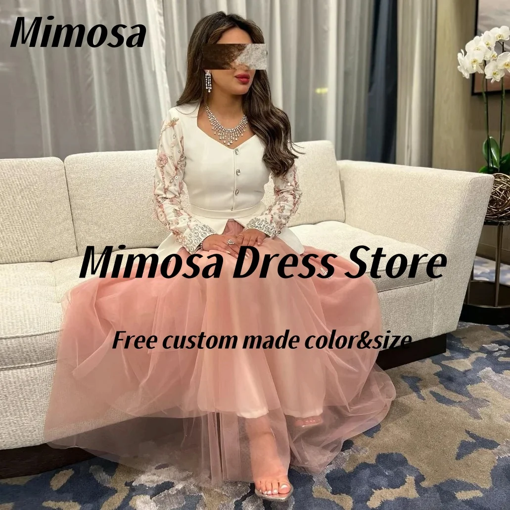 Mimosa Two Pieces Prom Dresses Beaded Flowers Long Sleeves Wedding Party Dress Tiered Tulle Evening Gowns Customized