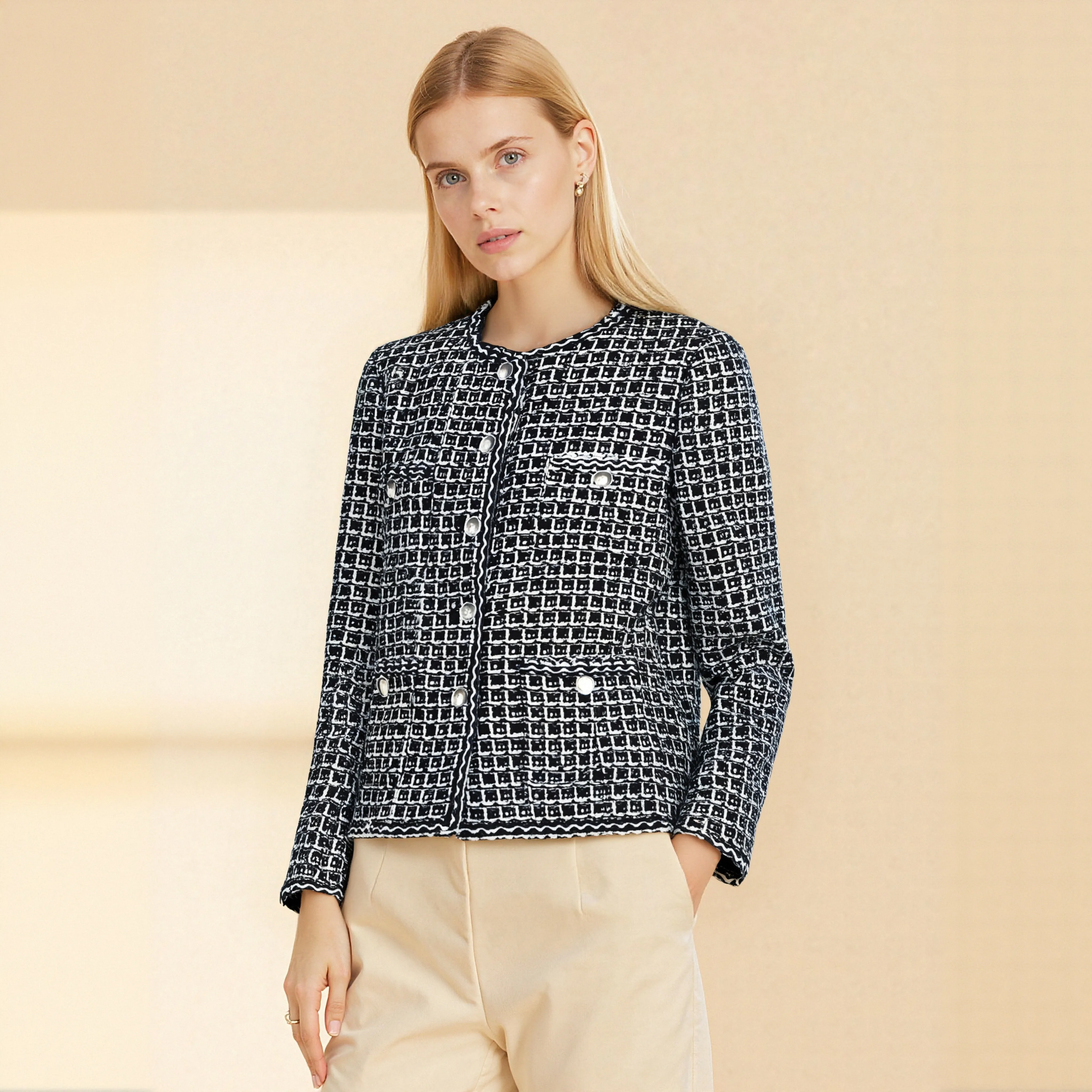 

New fashionable elegant retro plaid socialite high-end design Little Fragrance round collar single-breasted temperament coat