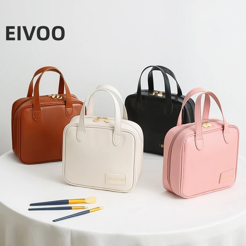 Sacos cosméticos de couro de grande capacidade para mulheres, bolsa de maquiagem elegante luxuosa Organizador de higiene pessoal de viagem Hangbags de armazenamento