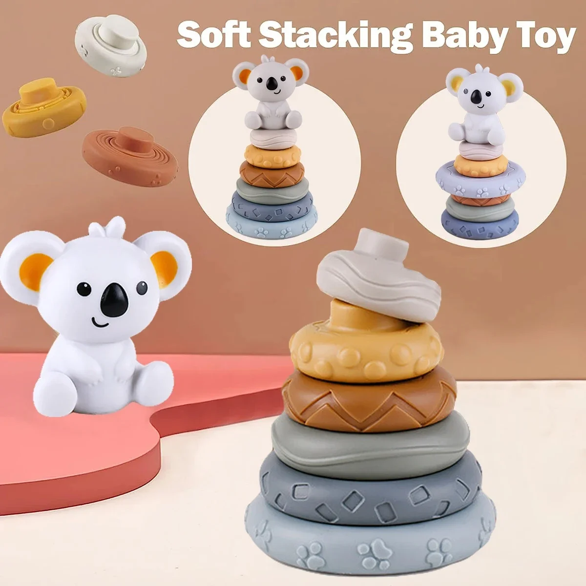 Silicone Rings Stacker Sensory Toy High Quality Baby Kids Learning Toy Toddler Rainbow Stacking Rings Tower Game Blocks Sets