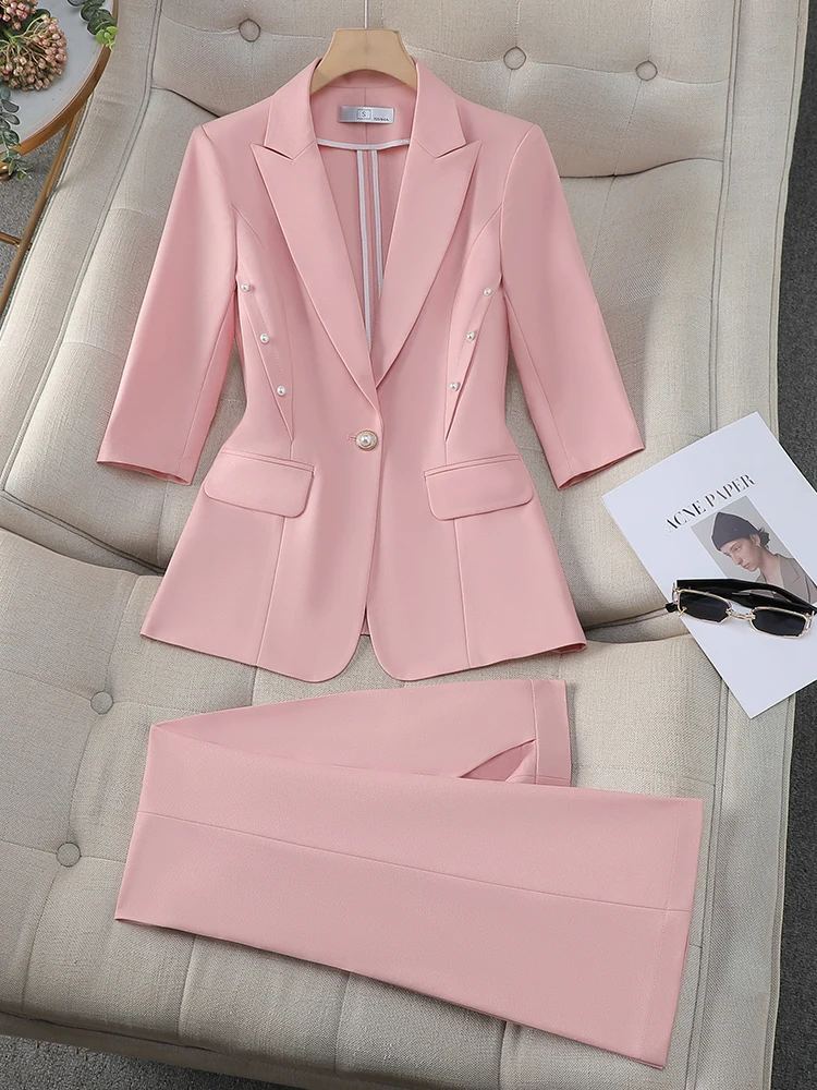

Pink Suit Set Women's Faionable Profional Workwear Seven Sve Busin Suit Commute Sle Slim Fit Polyester Fabric