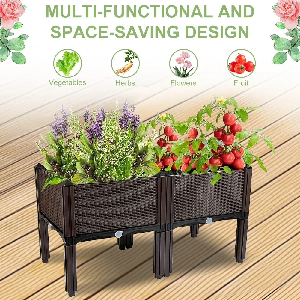 

Elevated Plastic Raised Garden Bed Planter Outdoor Planters W/Drainage Holes for Patio Deck Porch for Vegetable Flower