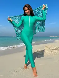 Nieuwe Moslim Bescheiden Boerkini Femmes 3 Stuks Groen Badpak Mode Gestreepte Gaasrok Sunblock Badpak Strandkleding Surfkleding