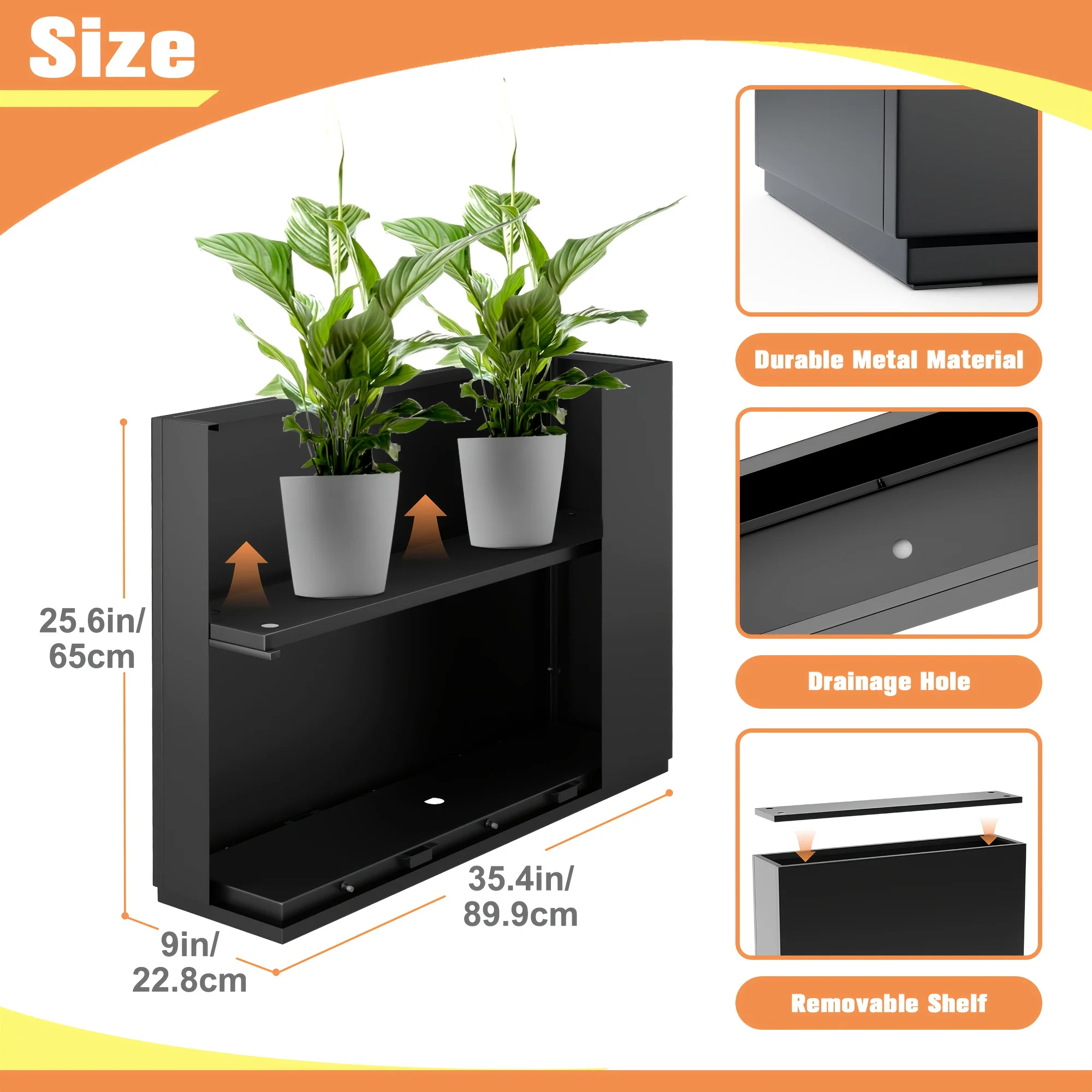 

Large Black Metal Rectangular Planter Box with Drainage Holes,Ideal for Outdoor Patio, Porch,Garden Plants-35"L x 9"W x 25.6"H