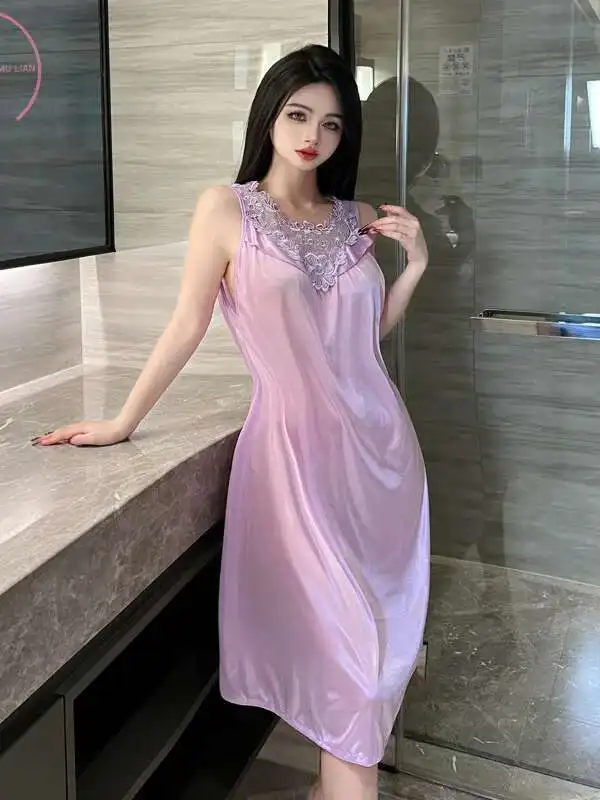 Summer Korean Version Home Wear Large Size Sleeveless Dress Elegant Sling Lace Loose Fitting Comfort Shallow V-neck GIBT