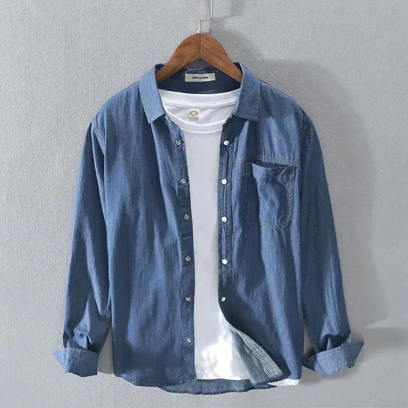 Men's Denim Shirt with Pocket Spring Clothing 2024 Long Sleeve  Collar Fleece Lined Thickened Special Wide Fit