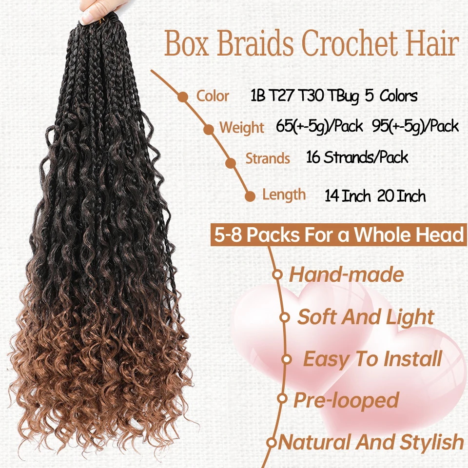 Box Braids Crochet Hair 14 20 Inch Boho Braiding Crochet Hair With Curly Ends Extensions Synthetic Bohemian Braids Crochet Hair