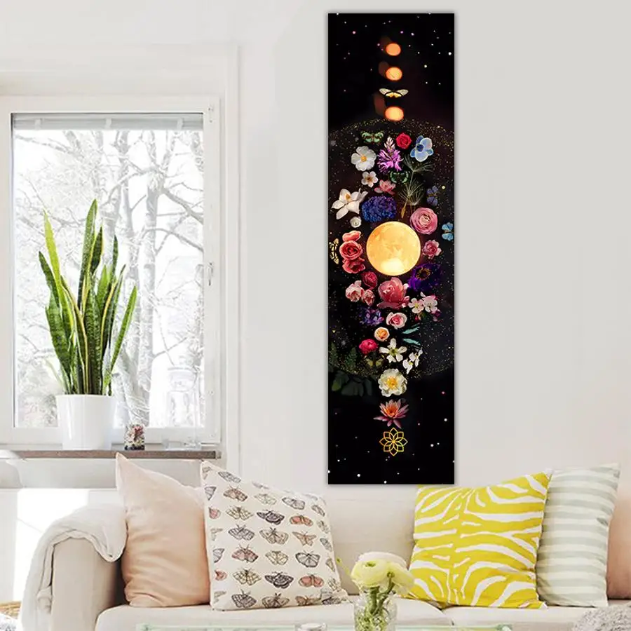1PC Moon Phase Starry Sky Tapestry Wall Hanging Black Moon Flower Star Vintage Throw Blanket Home Decor Bohemian Dormitory Home