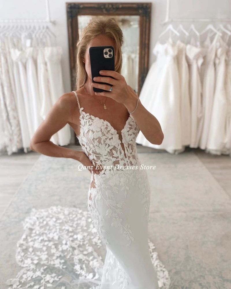 Qanz Mermaid Wedding Dresses Tulle Lace Appliques High Quality Bride Dress Sexy V-neck Spaghetti Straps Boho Vestidos De Fiesta