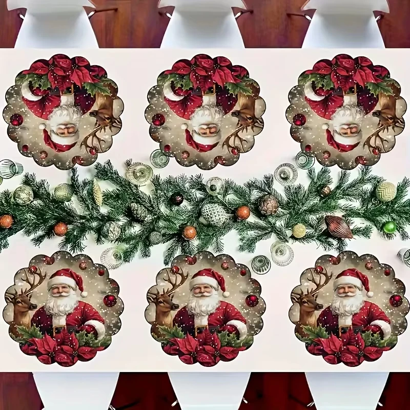 VIKAMA 2D Flat Christmas Placemats Set Santa Claus Reindeer Pattern Holiday Dining Christmas Party Decor Heat Resistant Platepad