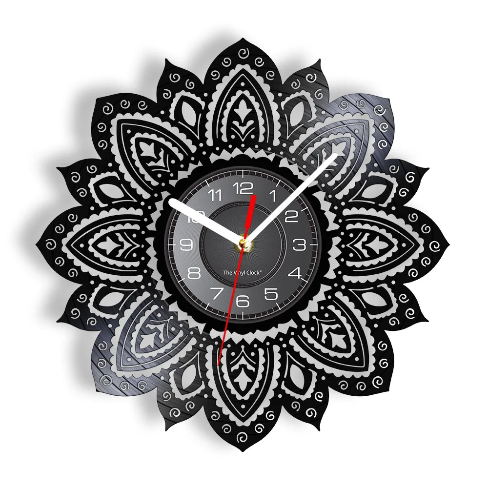 Mandala Lotus Shape Wall Clock Flower Vinyl Record Modern Design Silhouette Silent Sweep Watch With Backlight