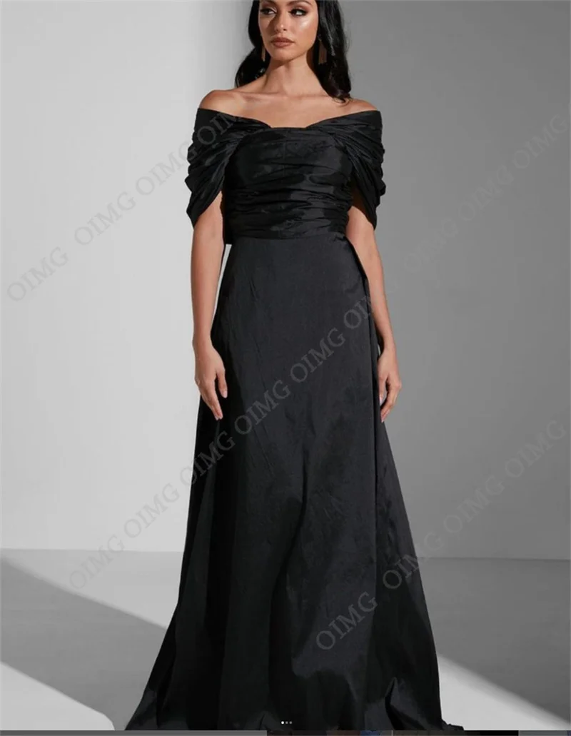 OIMG Black Long A Line Prom Dresses Short Sleevess Prom Gowns Formal Evening Dress Party Dresses Elegant Modest Saudi Arabric