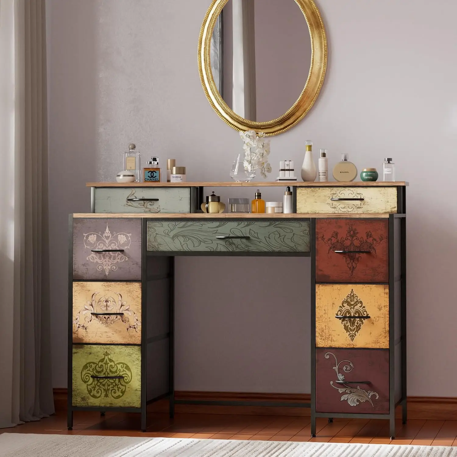 Vanity Makeup Desk With Nine Storage Drawers And Two Open Shelves Tall Fabric Cabinet Frame Dresser For Bedroom Closet Living Room Rustic Pattern One Pack
