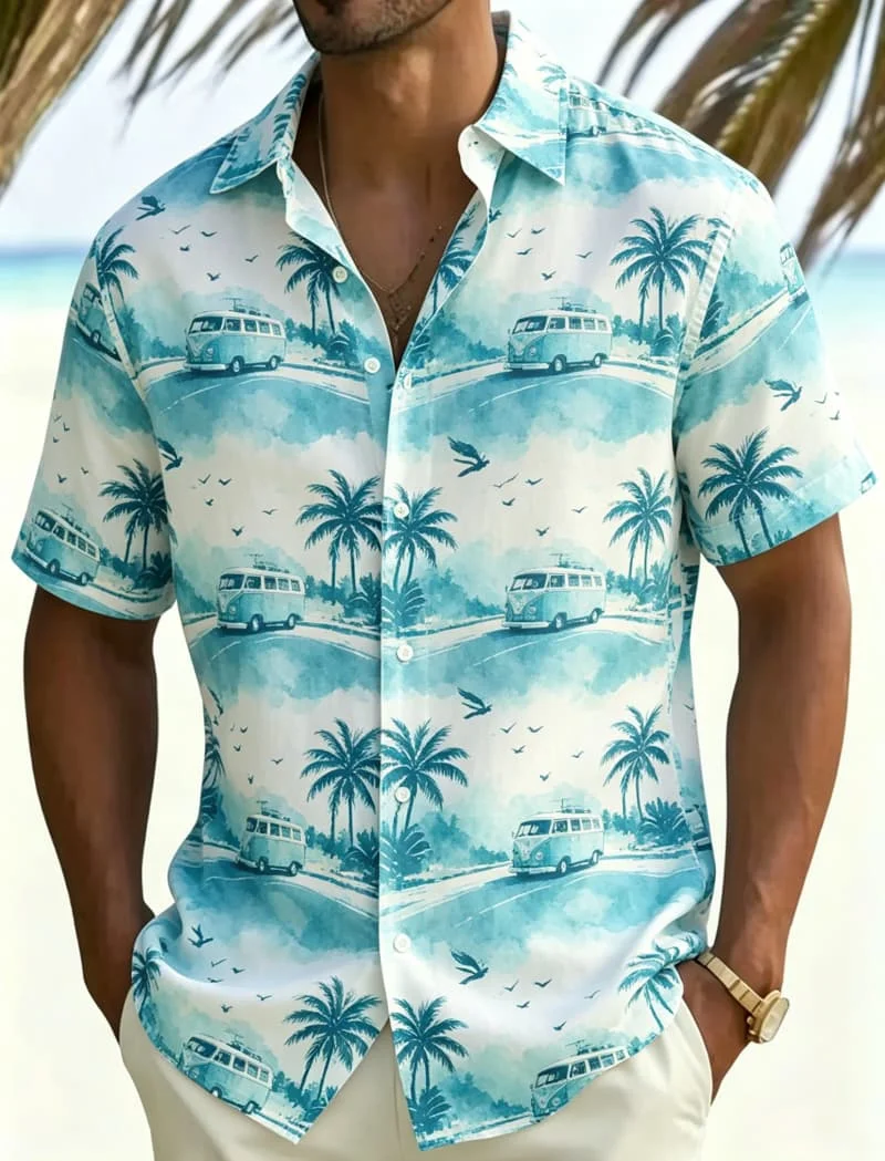 Retro Seaside Off-road Scenery Full of Prints, Sunset Jeep, Palm Tree, Unisex, Beach Road Trip, Daily Versatile Flower Shirt