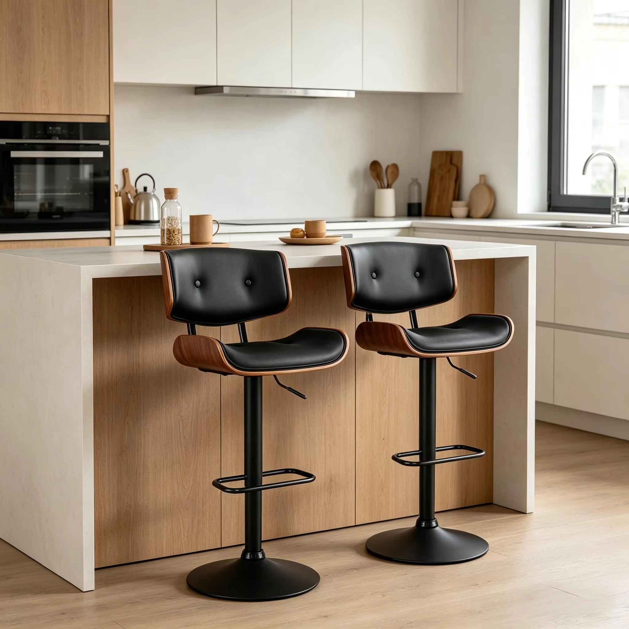 Modern bar stools with backrests, foot pedals and height-adjustable PU cushions