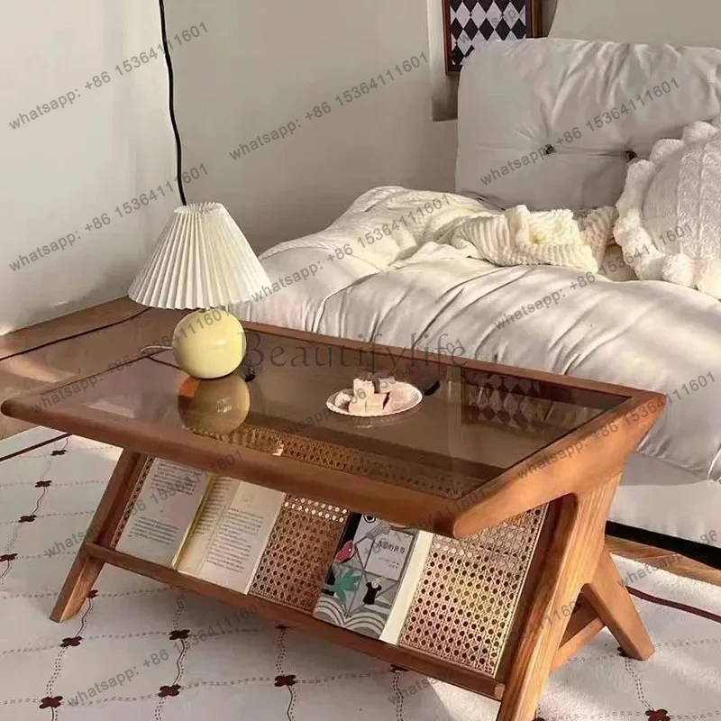 jj58 French retro coffee table solid wood rattan living room home tea table rectangular simple, retro glass tea table