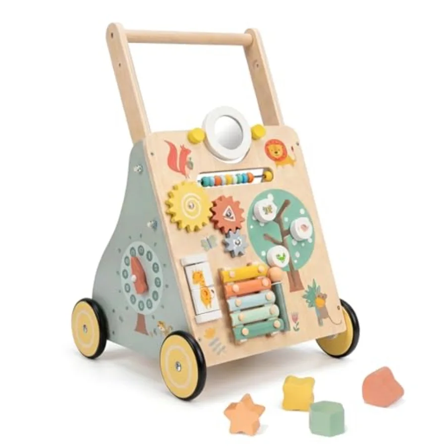 Wooden baby walker for home use natural wood material light brown color multi-activity learning center with push-pull function