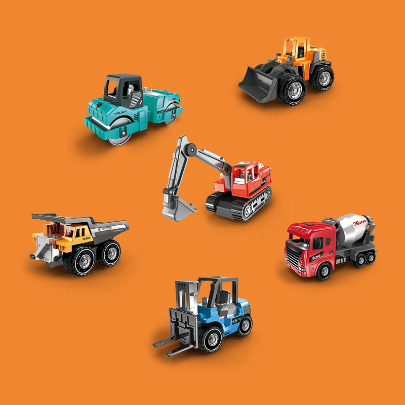 Kong Mini Alloy Construction Vehicle Set Excavator Bulldozer Road Roller Dump Truck Mixer Truck Forklift Pull Back Kids Toy Gift