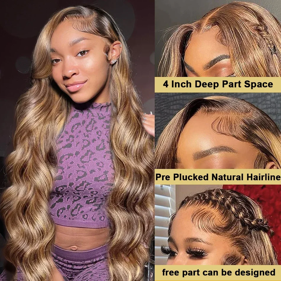 4/27 Highlight Body Wave 13x6 Lace HD Фронтальные человеческие волосы Парики 30 дюймов Water Wave Ombre Парик фронта шнурка 200 Плотность Бразильский парик