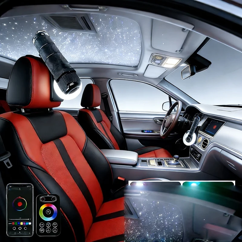 

Оптоволоконная лампа-проектор звездного неба LED, 6 Вт RGBW, для автомобиля, мобильная, с управлением по Bluetooth через приложение, комплект для потолка, оптоволоконное RF-управление, светодиодные светильники