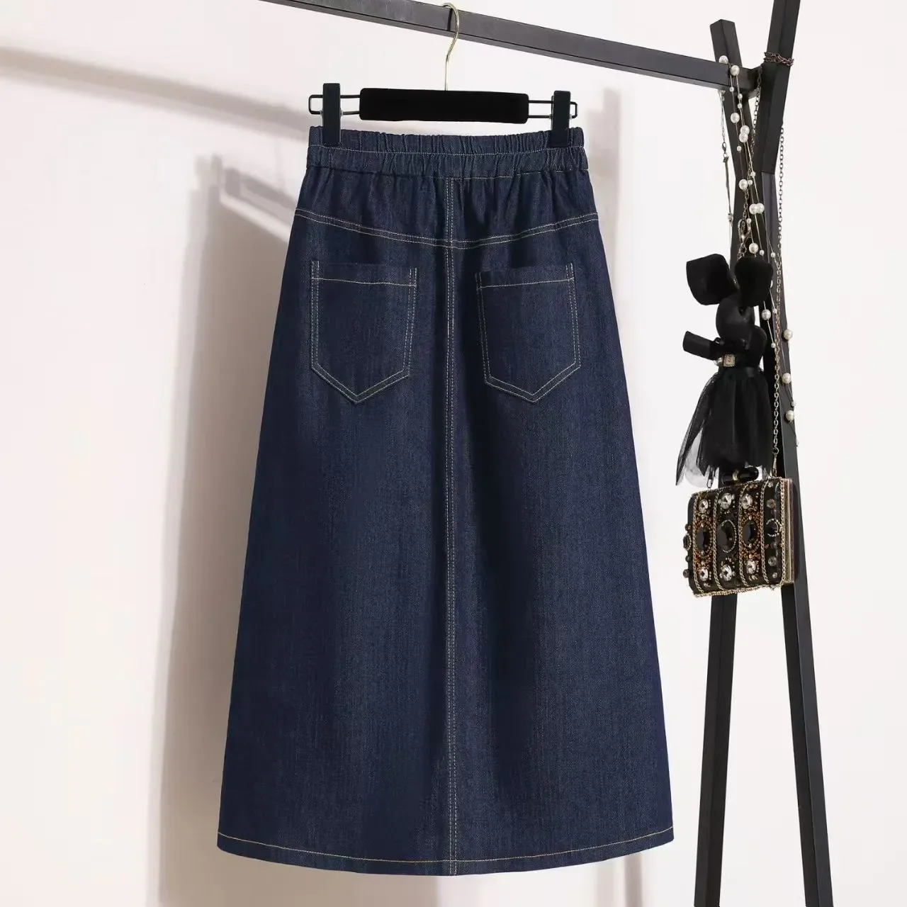 Spring 2026 plus Size Elastic Waist Denim Midi Skirt Slimming A-Line Skirts Comfortable Loose Fit Commute High Waist  Color