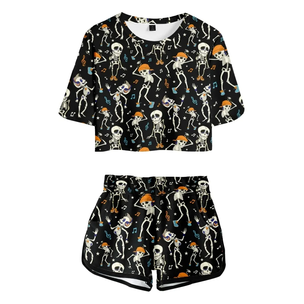 

Dancing Skeleton printed short navel short-sleeved T-shirt men and women casual two-piece pajamas-