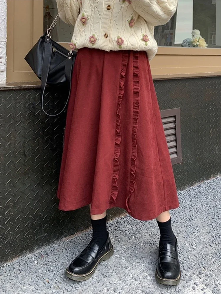 Skirts for Women Red Pleated Elegant Casual Skirt 2024 Autumn New Streetwear High Waist Elegant Solid A-Line Skirts