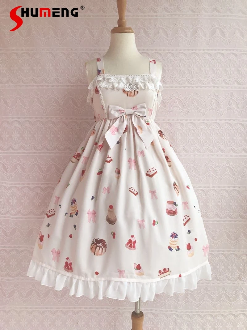 

Japanese Sweet Cute LOLITA JSK Lace Splicing Ruffles Bow Square Collar Sleeveless Printing High Waist A-line Sling Dress Women