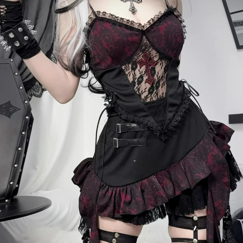 

Japanese Gothic Y2k Lolita Skirt Set Women Vintage Cross Suspender Lace Top Irregular Mini Skirt Halloween Fashion Cosplay Suit