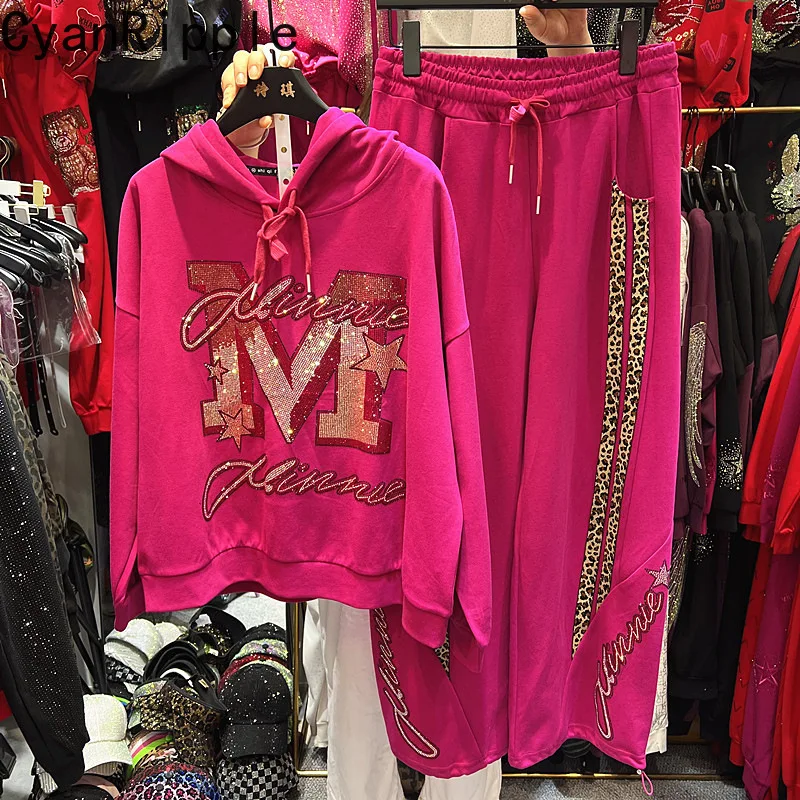 Trendy New Autumn Women Hoodie Set Letters Hot Diamonds Long Sleeve Hooded Pullover Top + Elastic Waist Casual Straight Pants