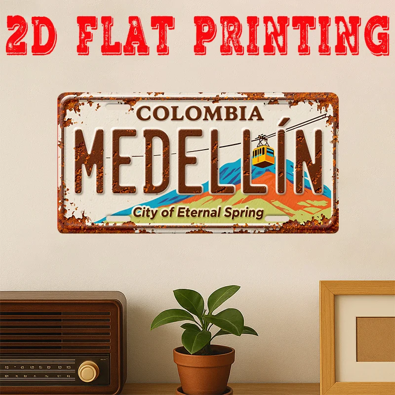 Placa Metálica Plana 2D Vintage de la Ciudad de Medellín, Decoración de Pared de Estilo Español Colombiano Retro para el Hogar, Cafetería, Oficina, Regalo para Colombianos