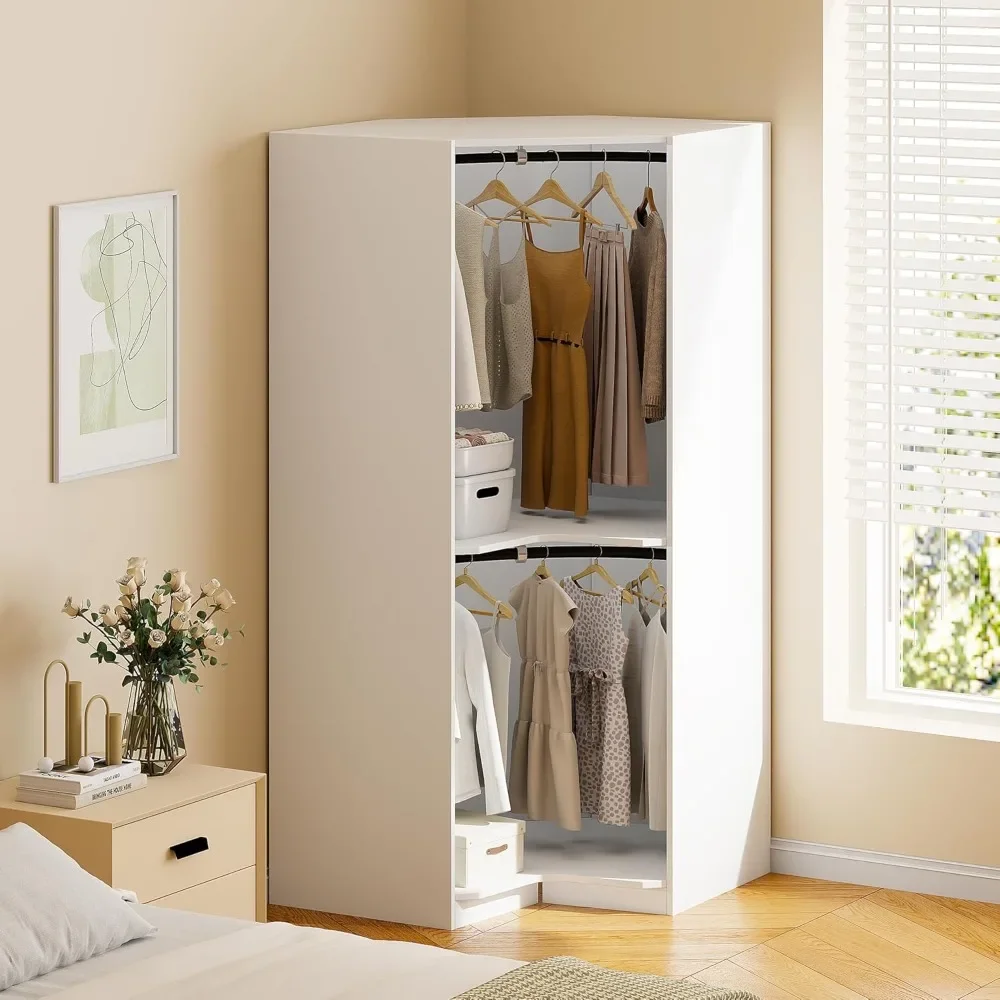 Polygon Corner| Wardrobe, L-Shaped Wood Wardrobe Closet Cabinet with| Practical Shelves, Freestanding Closet Organizer,White