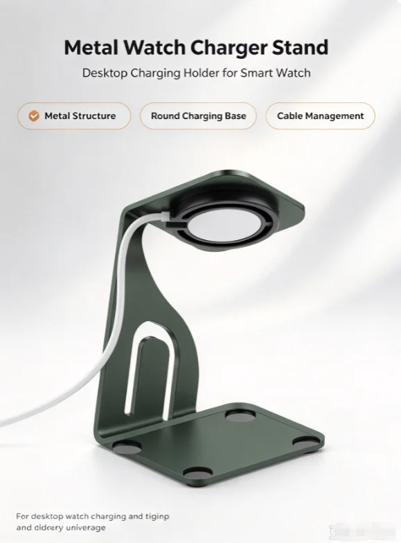 HTMCK Metal Watch Charger Stand, Dark Green Desktop Charging Holder with Round Charging Base and Cable Management