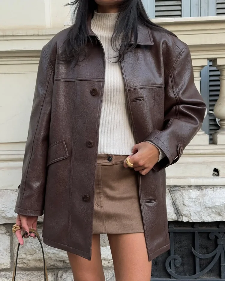 سترة نسائية كاجوال أنيقة باللون البني من الجلد ذات طية صدر السترة وجيب واحد الصدر ملابس خارجية فضفاضة معطف نسائي للتنقل اليومي في الشارع #2