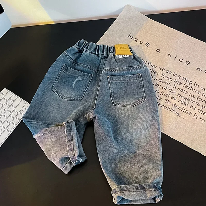 Boys' Jeans Spring and Autumn Children's Western Style Broken Holes Pants 2023 New Boy's Trendy Cool Boy Pants