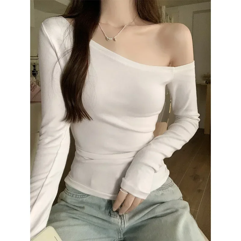 Hidden Blue Long Sleeve T-shirt Women's Early Autumn New Look White Wrinkle Waist Collection Bottom Top image 4