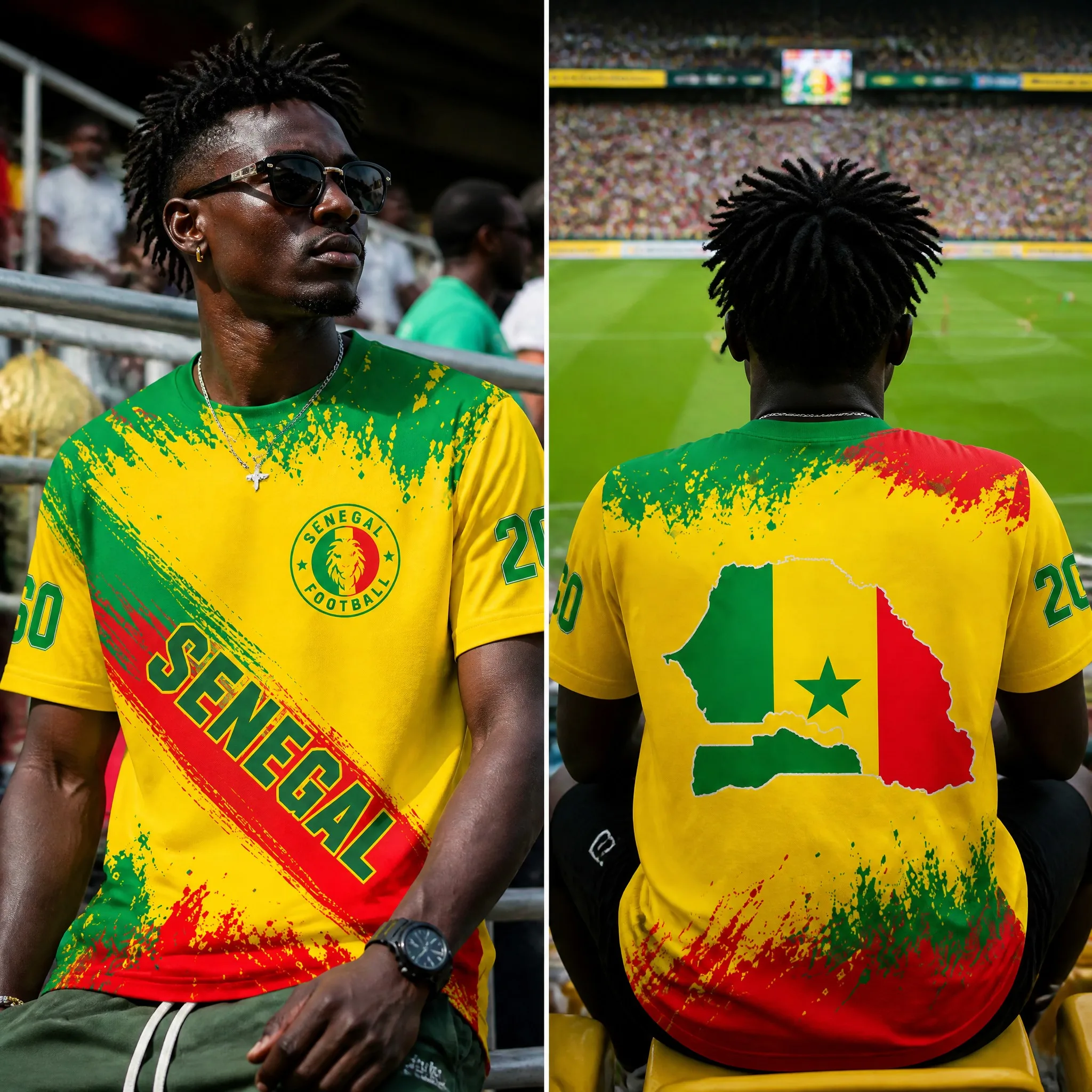 Senegal Mens Brush Flag Map Graphic Tee Yellow Short Sleeve Fan Shirt Street Stadium Casual Heritage Pride Top Street Travel Fit
