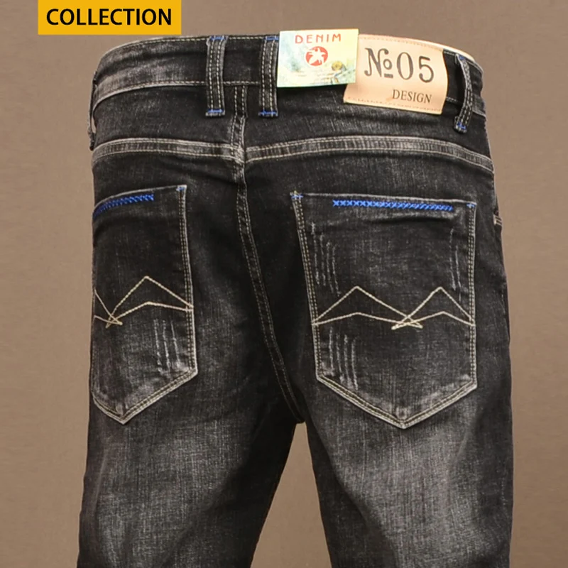 Fashion celana Jeans pria gaya Italia, celana Denim Vintage desainer bordir pria, jins ketat melar, hitam abu-abu, Jeans gaya Italia untuk pria