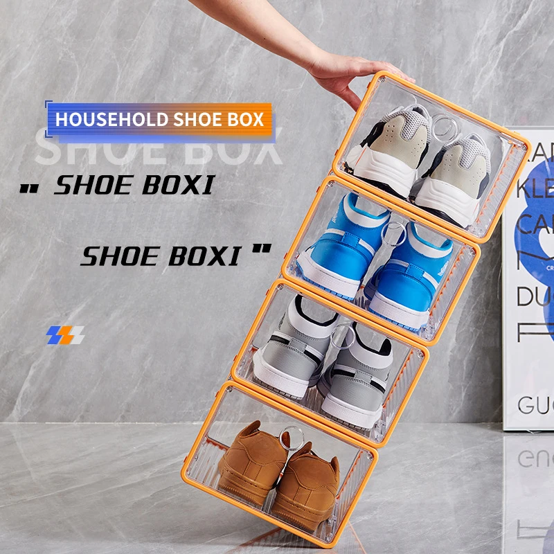 Acrylic Transparent Plastic Shoe Box Shoes Superposition Storage Display Box Folding Magnetic Side Open Shoe Rack Shoe Cabinet